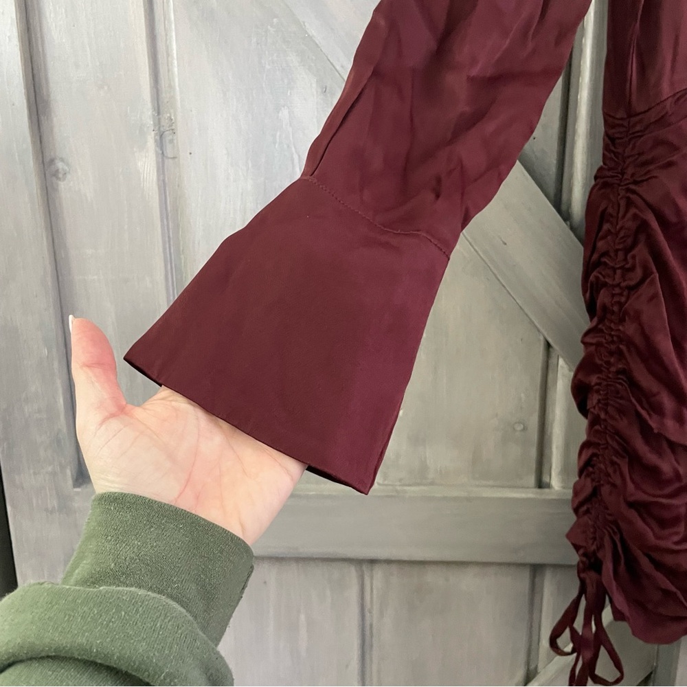 Bardot Sui Side Ruched Long Sleeve Minidress Merlot Red Satin Size US 6 - Picture 13 of 14